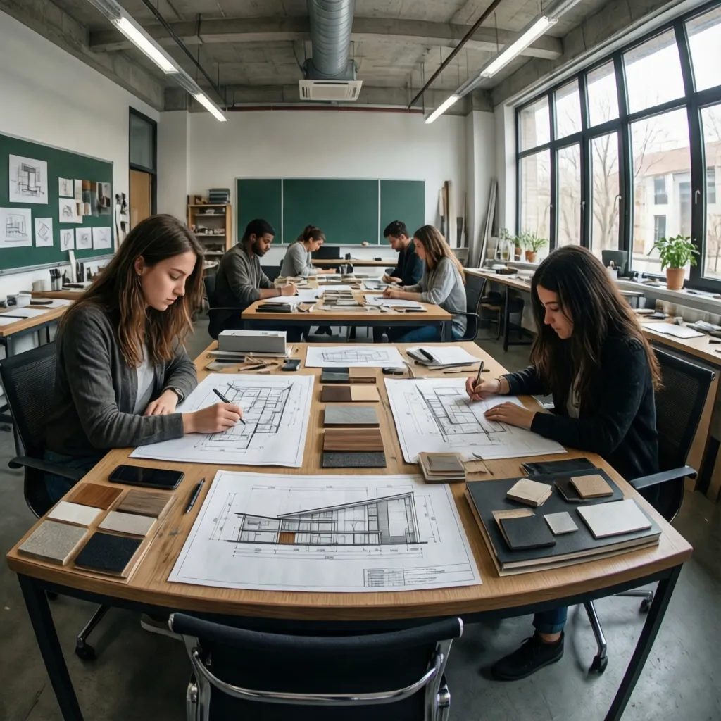 Students working in design studio drawing interior design drawings while looking at various material samples