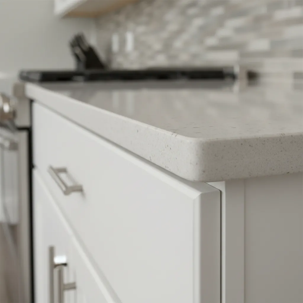 close up of eased edge quartz countertop profile