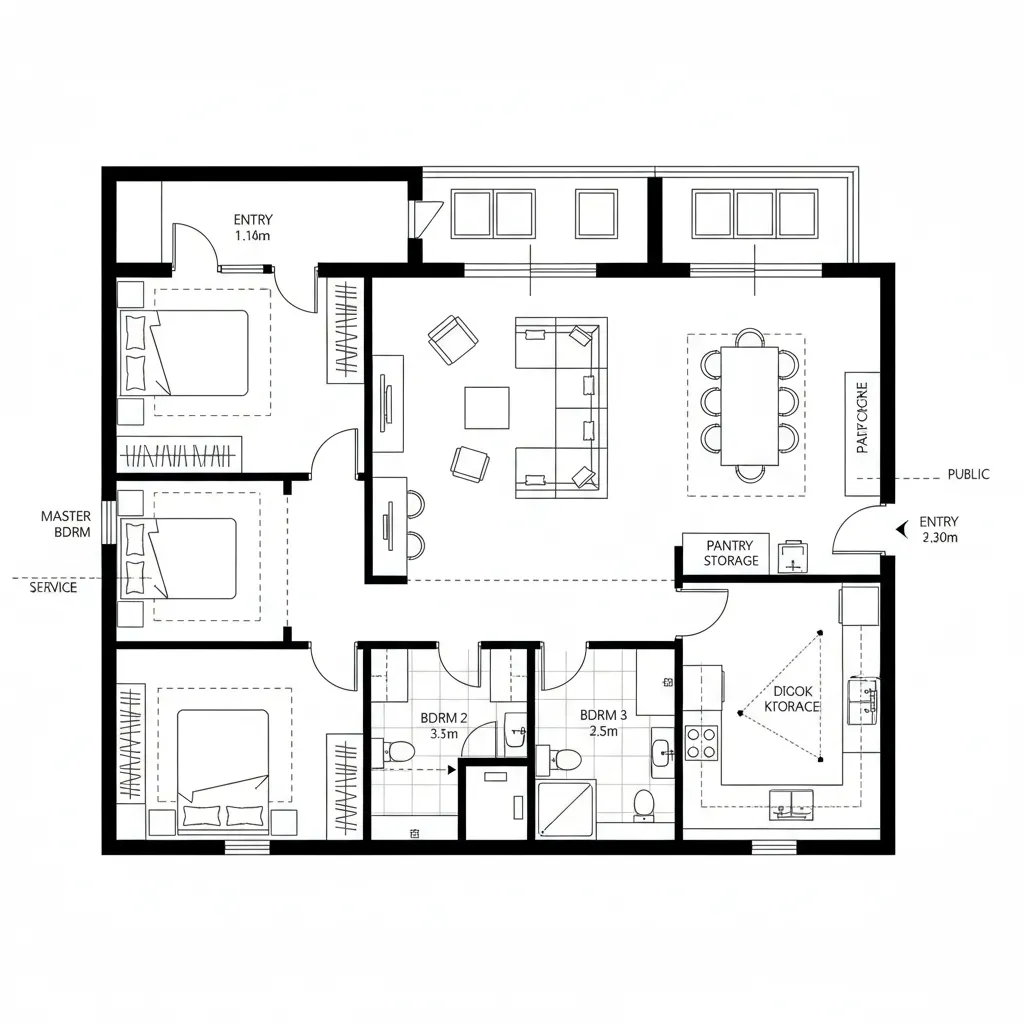Top-down CAD plan with east entry, NE living, SE kitchen, SW master
