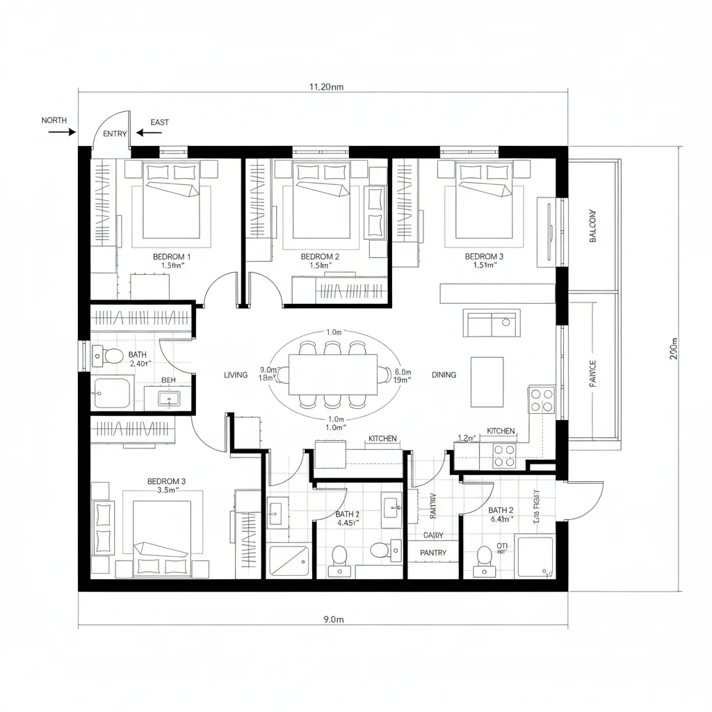 Top-down CAD plan showing east entry and central dining spine layout