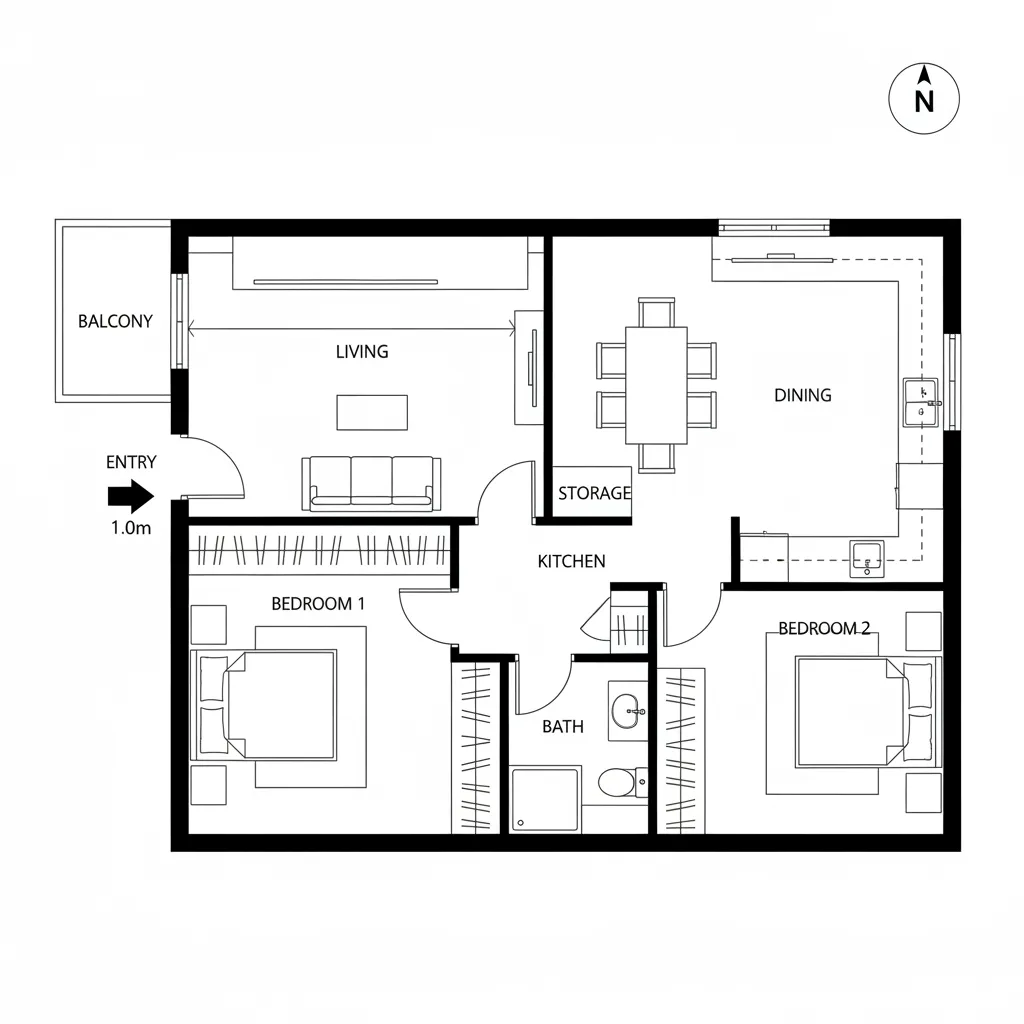 Two bedroom apartment floor plan with living room kitchen dining area balcony and one bathroom