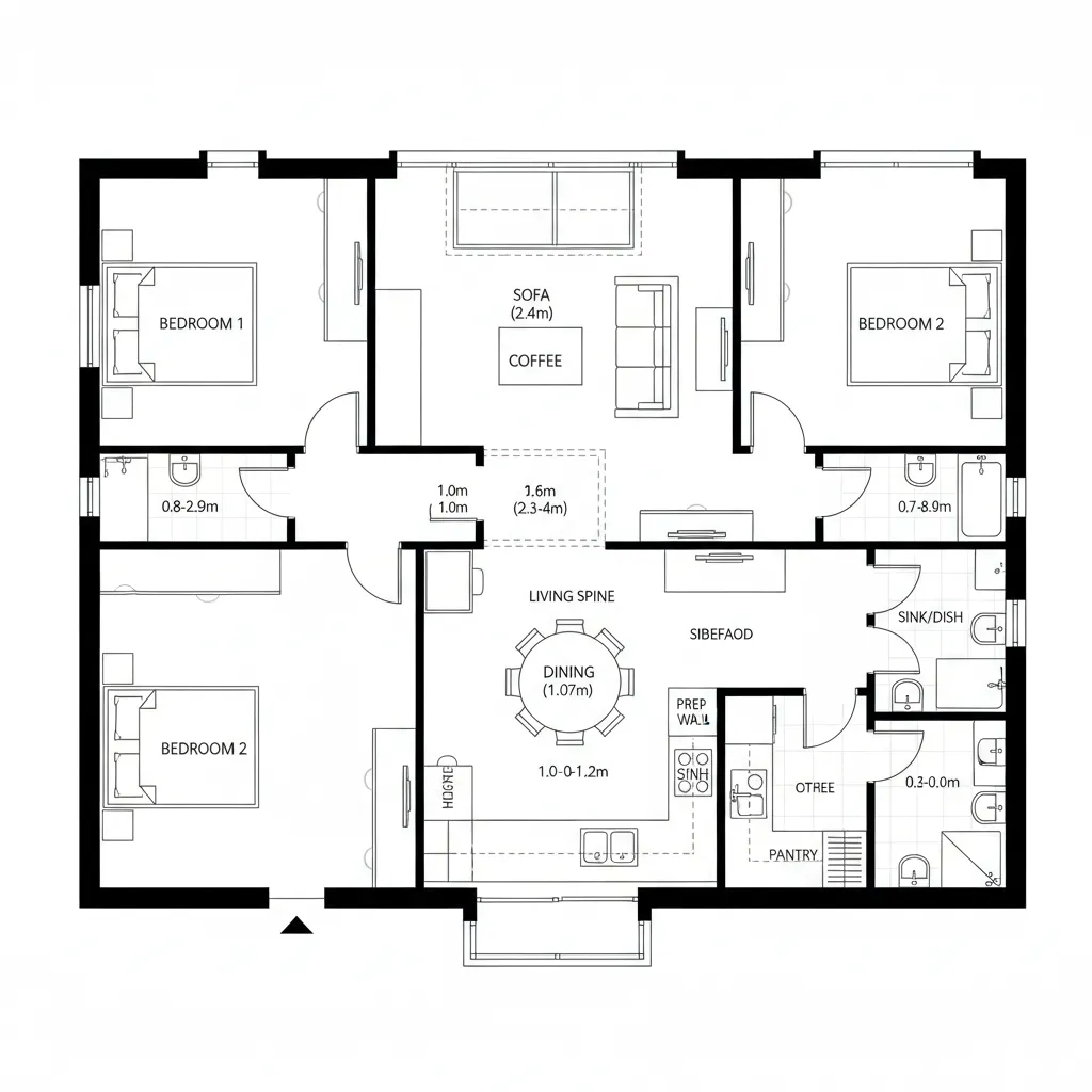 Top-down CAD plan with east entry, north living spine, dining and SE kitchen