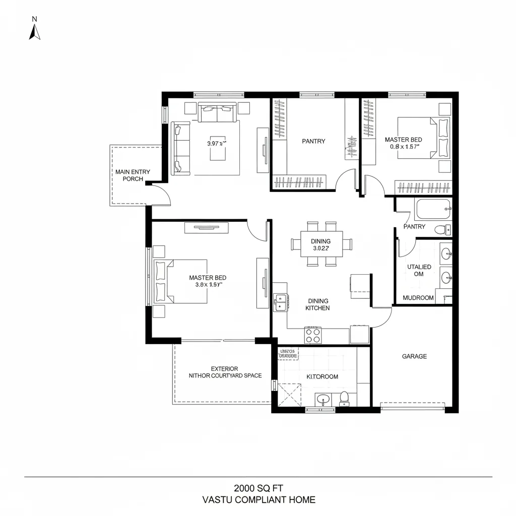 Floor plan of a home with two master bedrooms dining kitchen garage and outdoor courtyard space