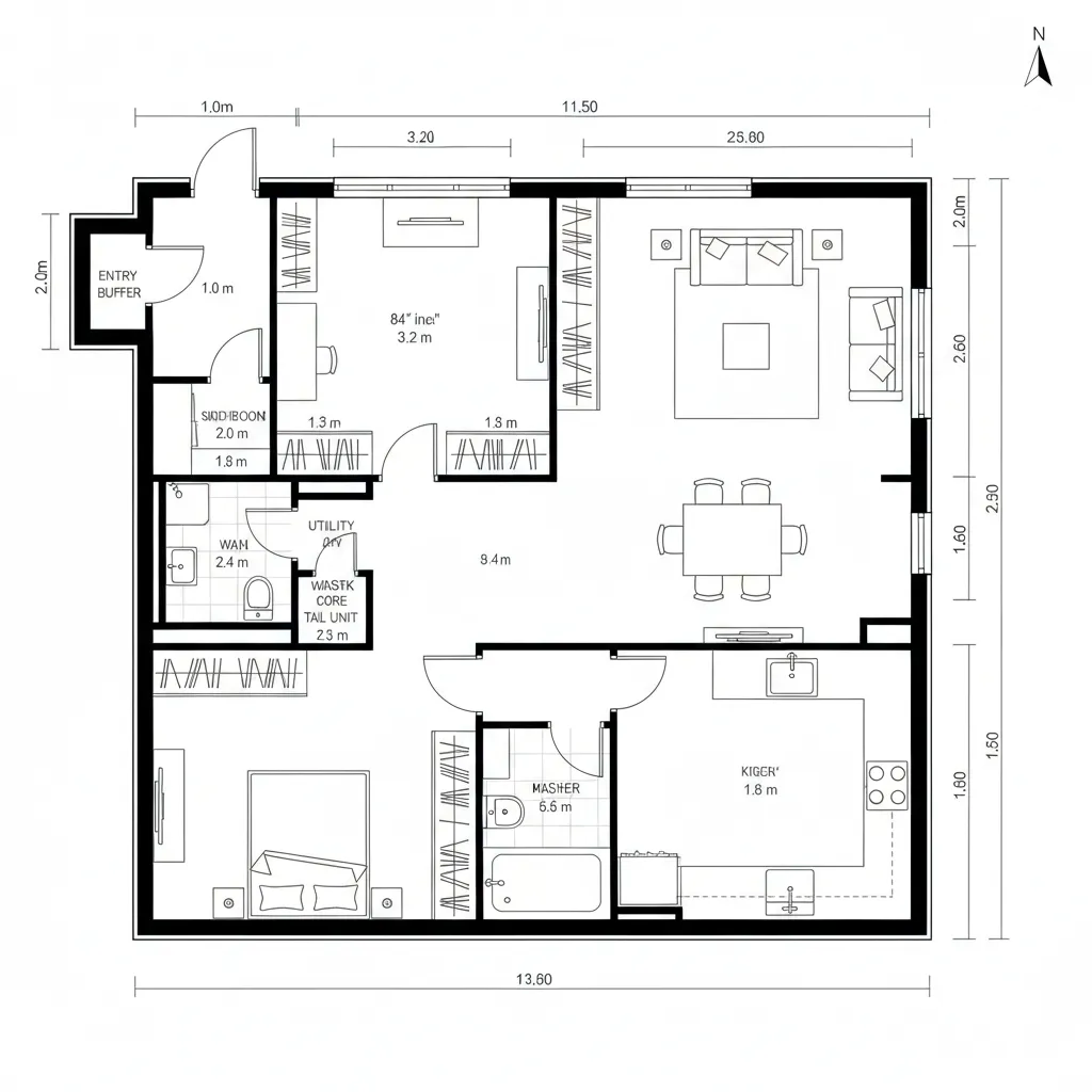 Single bedroom floor plan with large living area dining table kitchen bathroom and entry buffer