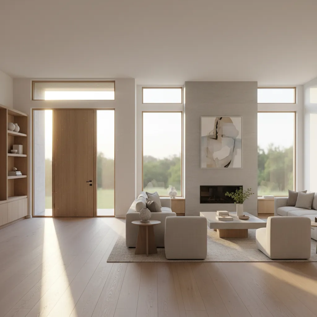 East facing entrance leading into a bright living room with morning sunlight