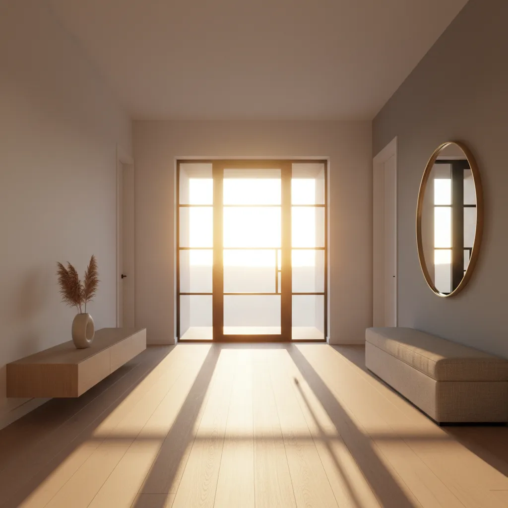 East-facing front entrance with strong morning sunlight entering through glass panels