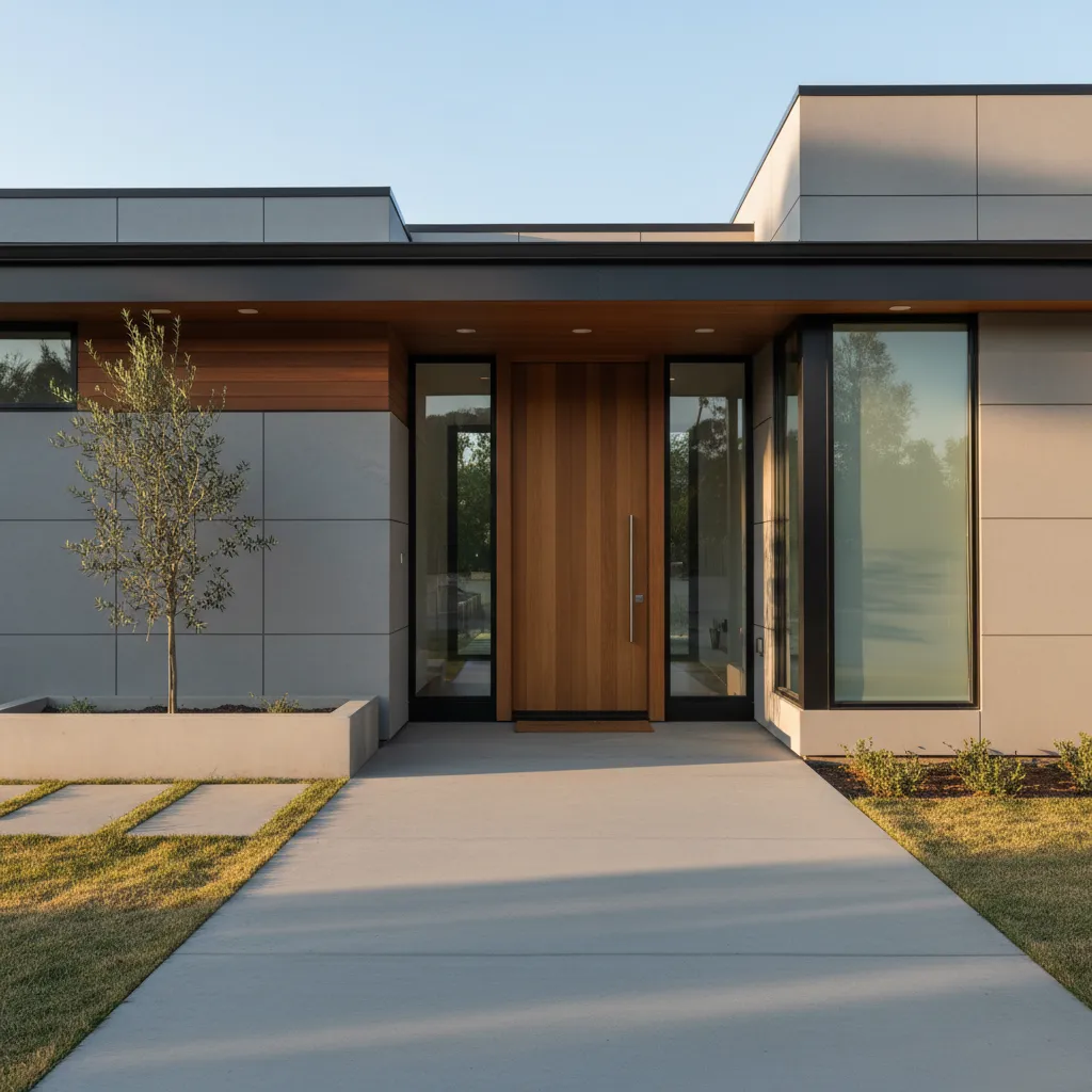 Front entrance of a home receiving gentle morning sunlight from the east