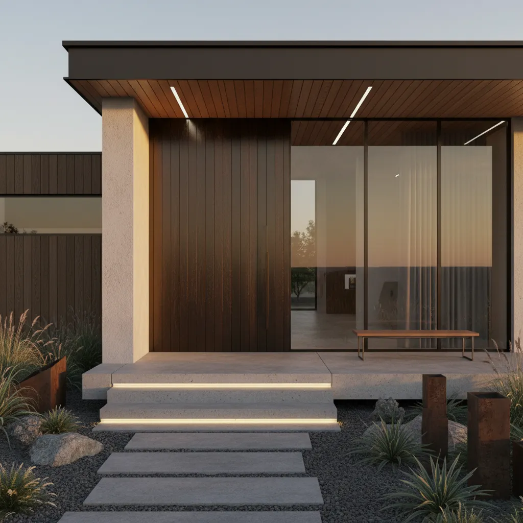 Modern home entrance with east-facing front door receiving morning sunlight
