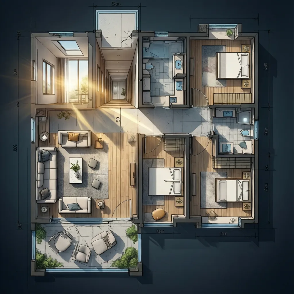 Architectural floor plan showing sunlight entering an east-facing home layout