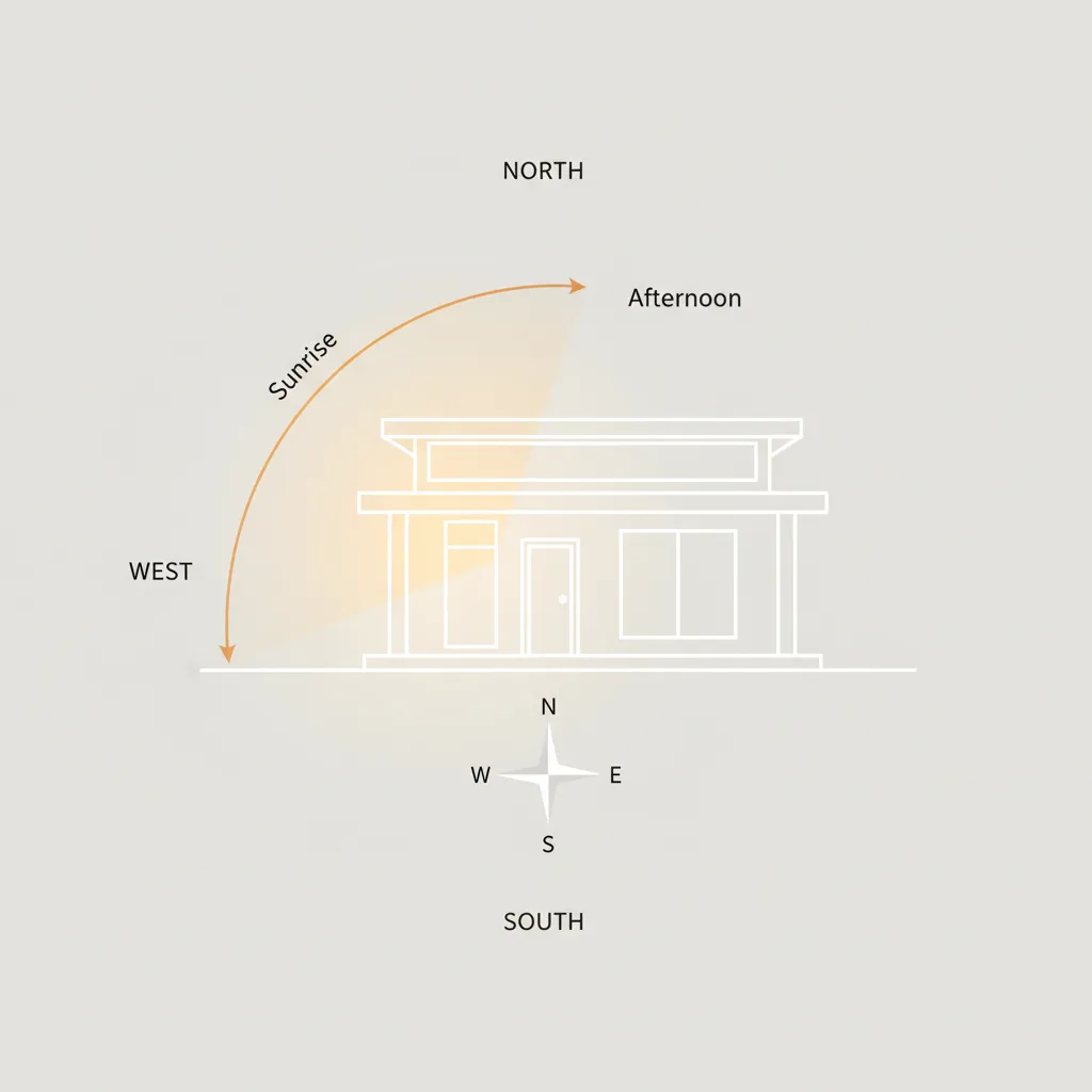 Orientation diagram comparing sun exposure on an east-facing house