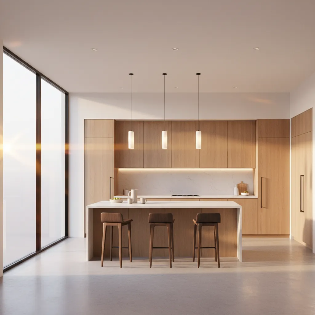 Modern kitchen with wooden cabinets white island three ceiling lights and bright natural morning sunlight