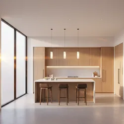 Modern kitchen with wooden cabinets white island three ceiling lights and bright natural morning sunlight
