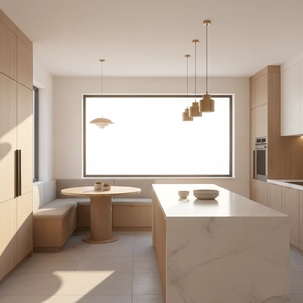 east facing kitchen filled with soft morning sunlight through window