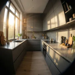 Dark grey kitchen with stone countertop wooden floor and bright sunlight shining through the window