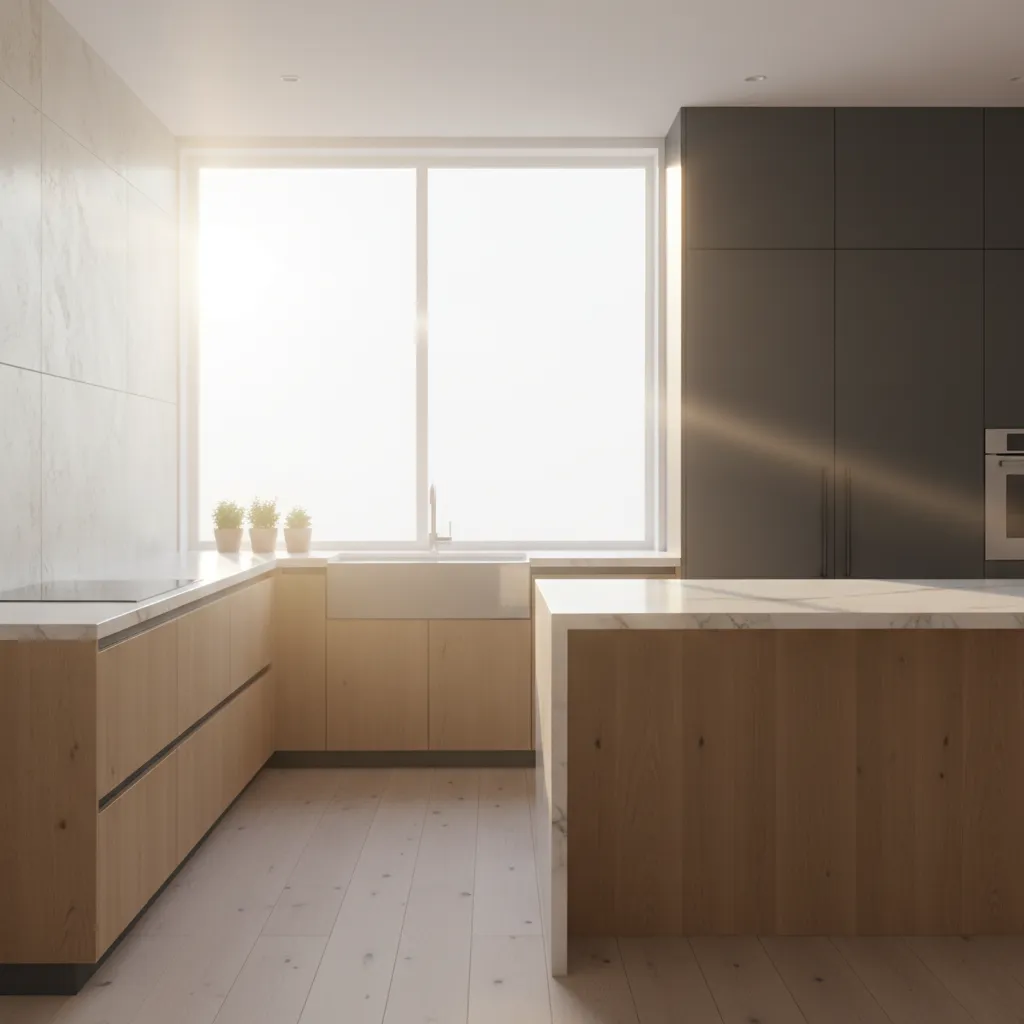 Morning sunlight entering an east facing kitchen window and spreading across countertops