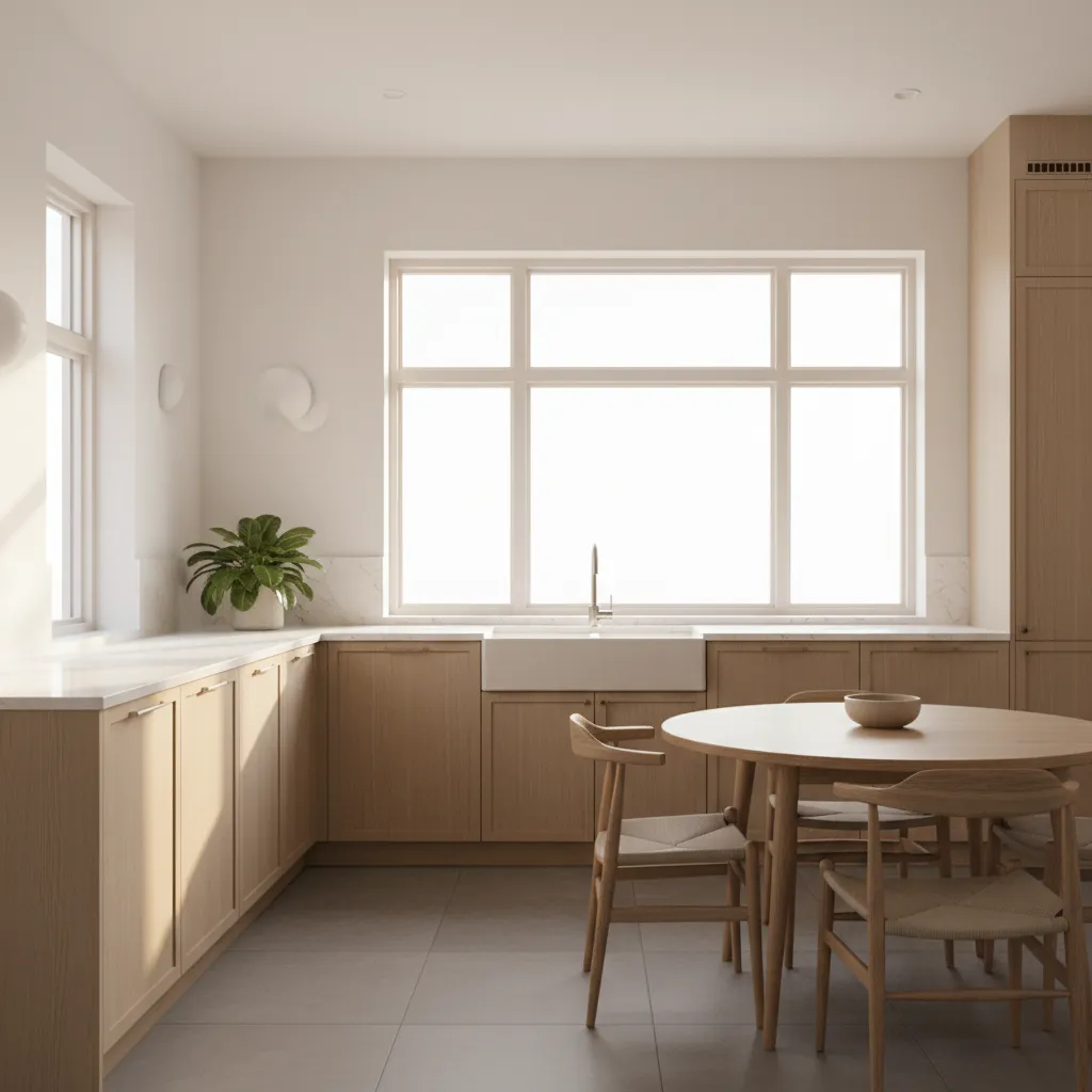 Minimalist kitchen featuring light wood cabinets and a round wooden dining table under bright sunlight