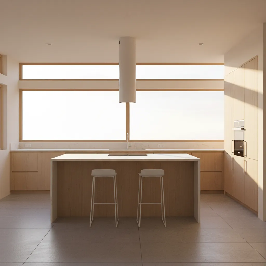 east facing kitchen interior filled with soft morning sunlight through wide windows