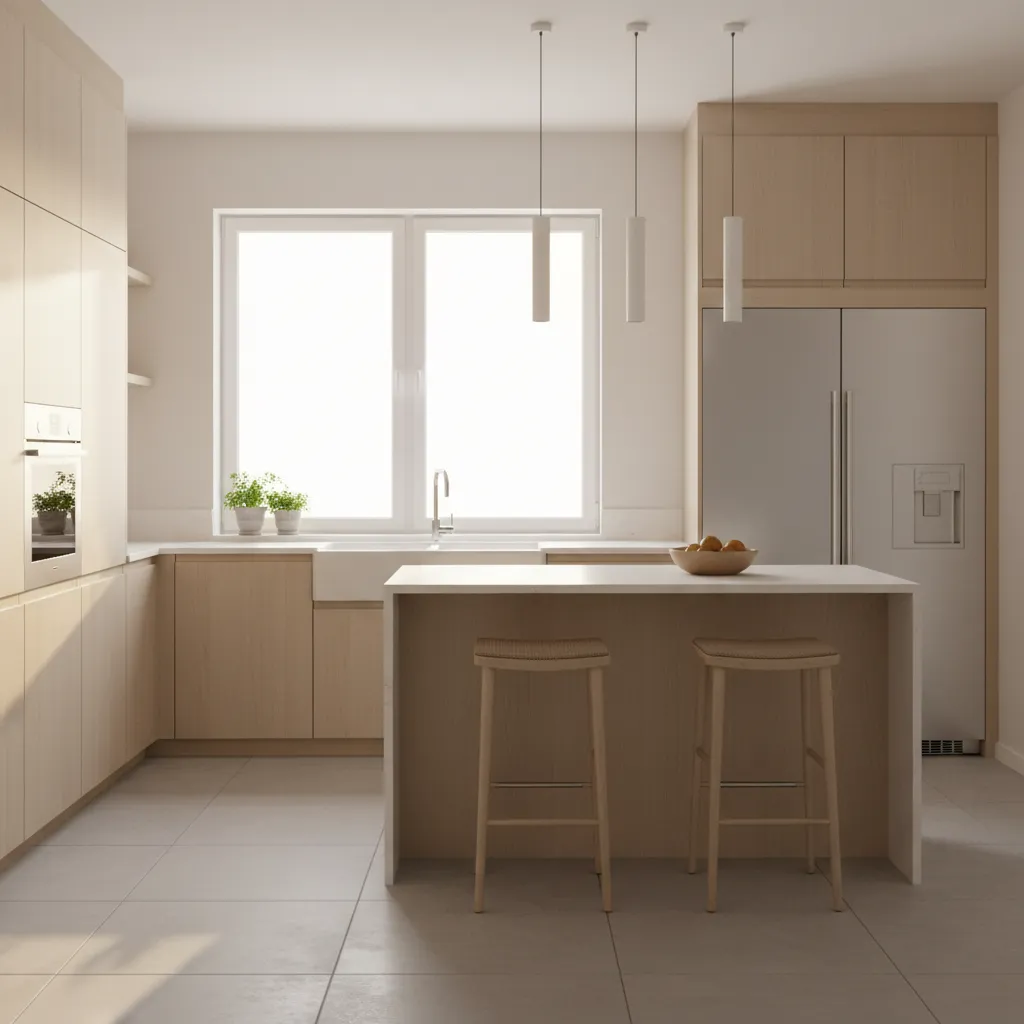 Modern kitchen with wooden cabinets white island two stools large window and bright morning sunlight