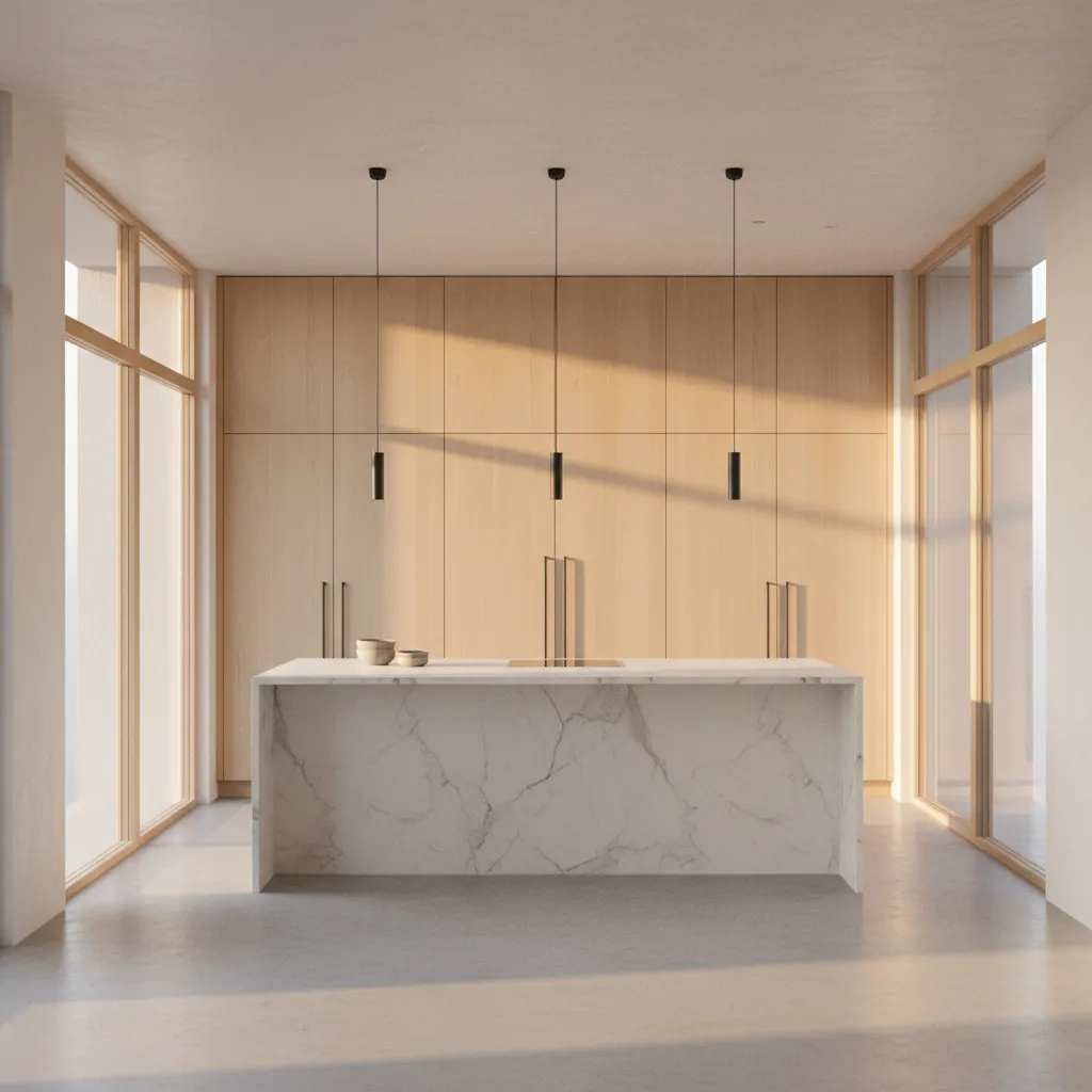 Modern kitchen interior illuminated by soft morning sunlight from east facing windows