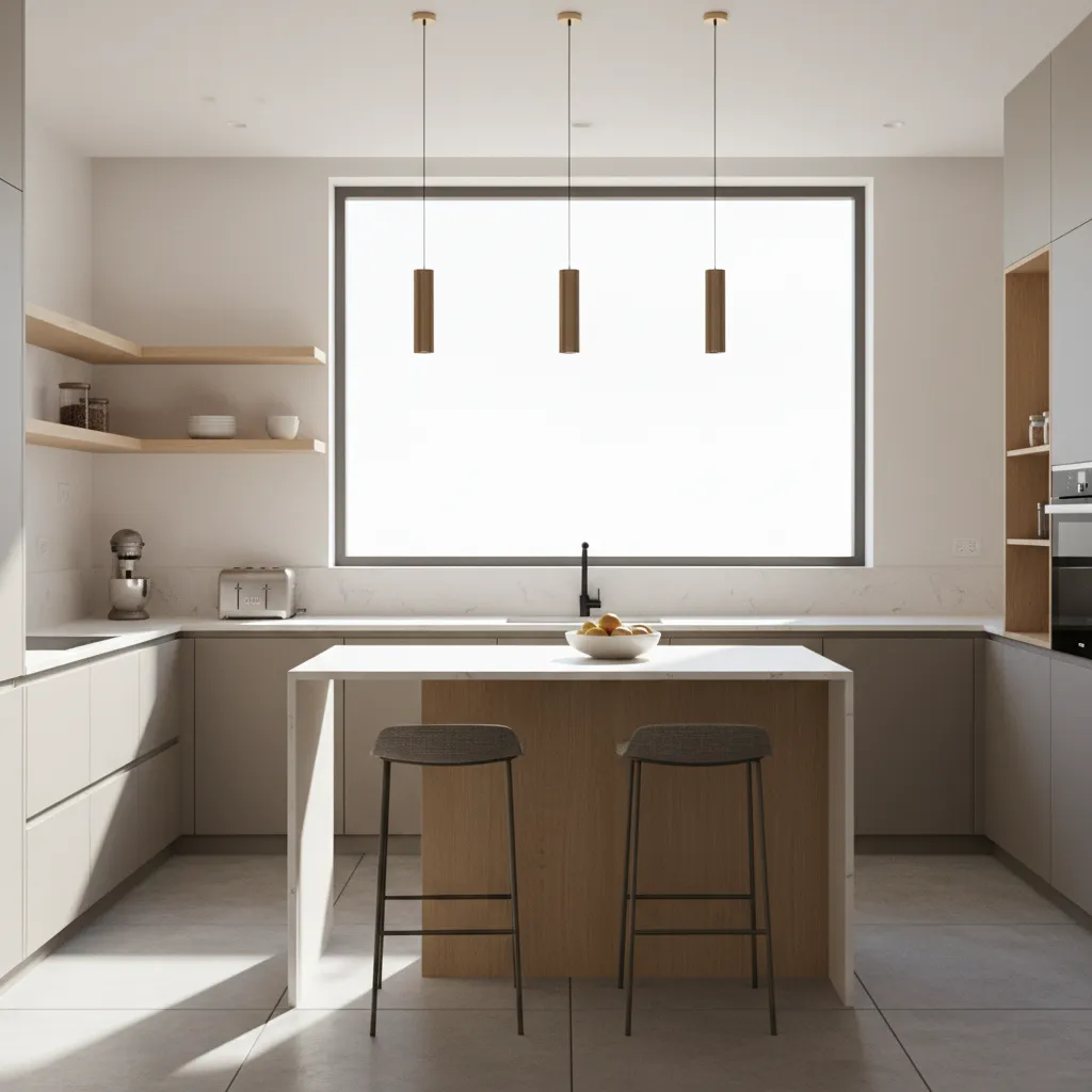 East facing kitchen receiving bright morning sunlight through a wide window