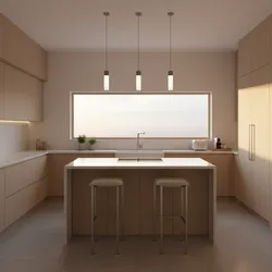 Modern kitchen with wood cabinets, large window, center island, two stools, and three ceiling lights