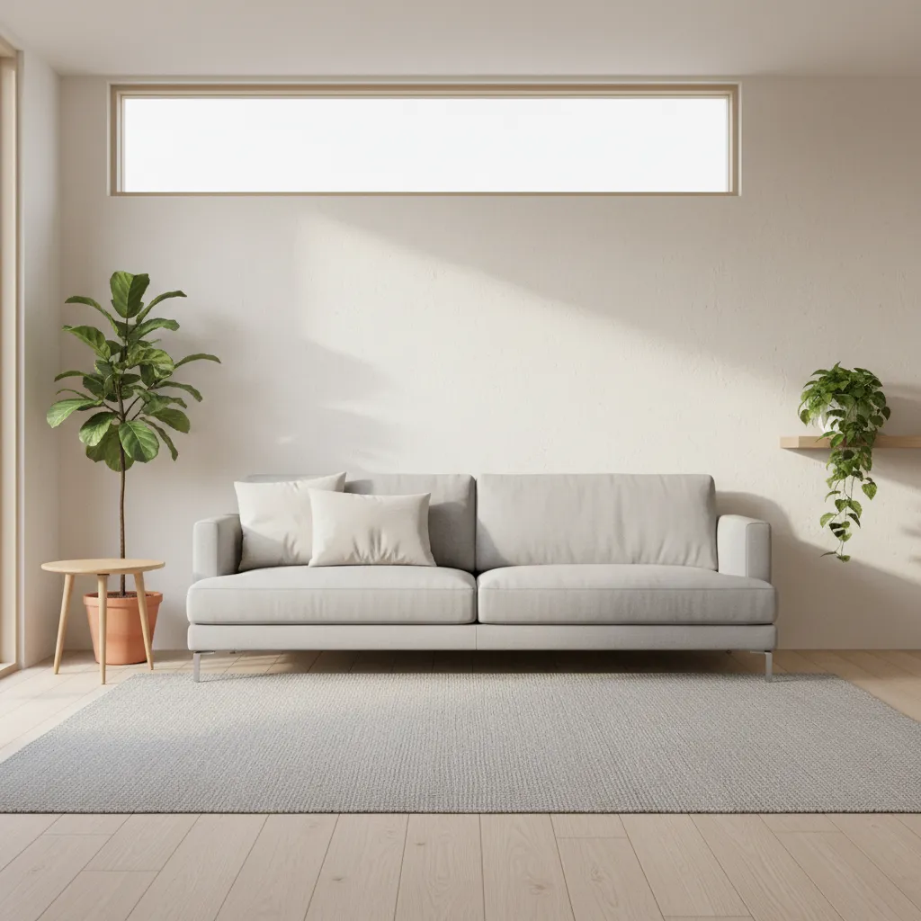 Bright living room with east facing wall receiving morning sunlight