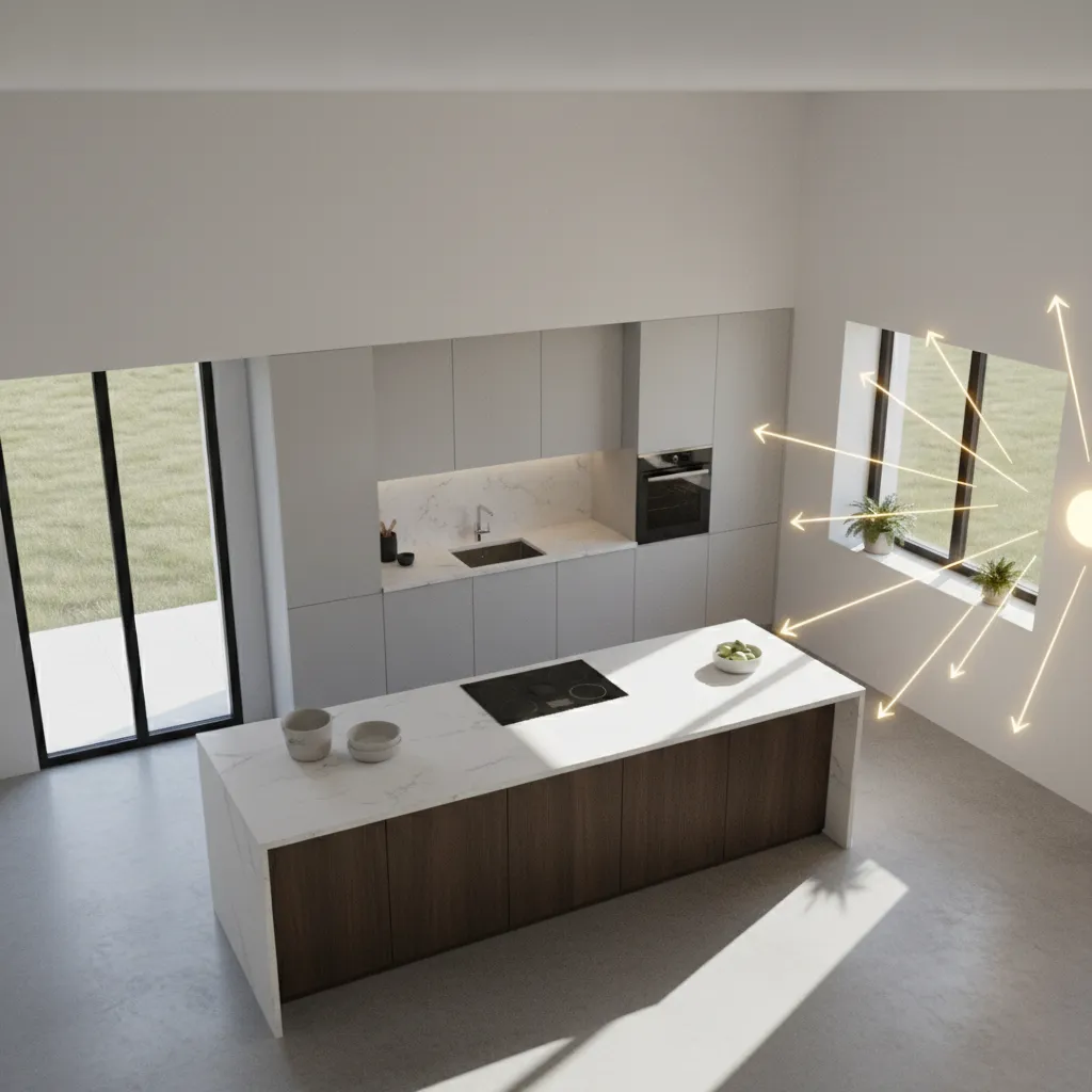 Kitchen layout showing sunlight direction and island orientation