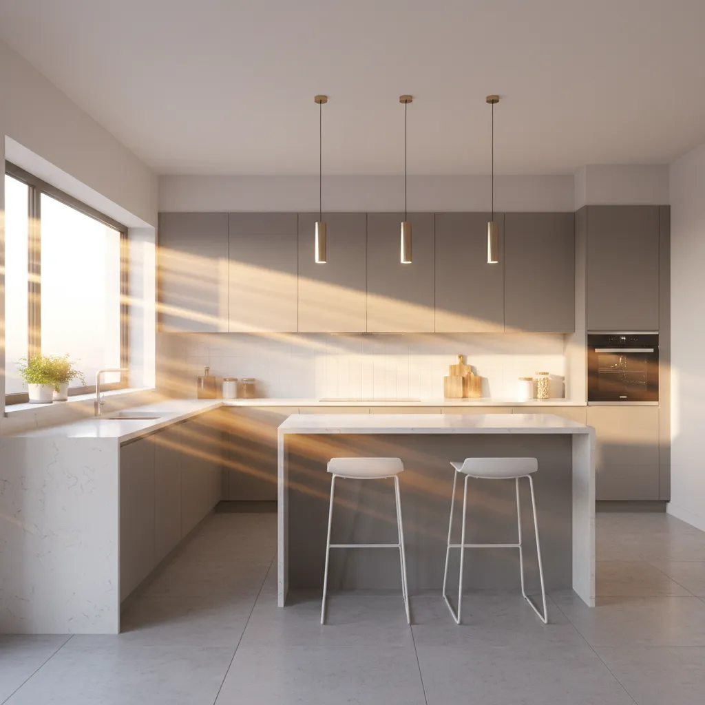 East-facing kitchen with strong morning sunlight causing glare on countertop