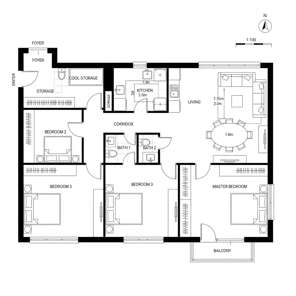 Three bedroom floor plan layout featuring a foyer storage area kitchen living space and table