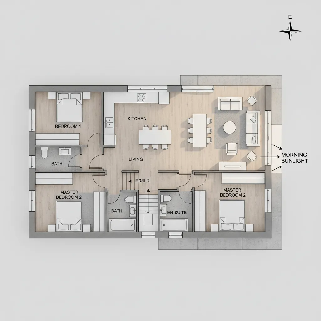 Floor plan diagram showing morning light entering an east-oriented home