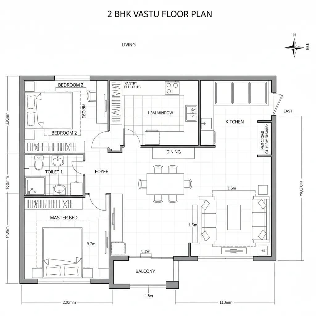Top-down CAD plan with east living spine and north/northeast kitchen