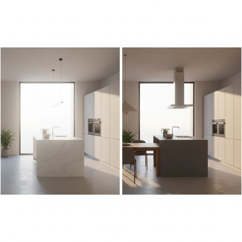 Side by side comparison showing different kitchen lighting effects on white and dark island surfaces