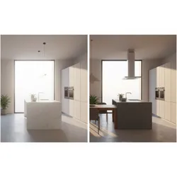 Side by side comparison showing different kitchen lighting effects on white and dark island surfaces