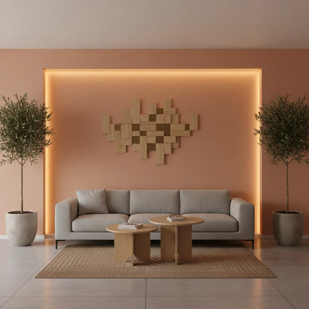 east wall painted light peach with warm lighting in modern living room
