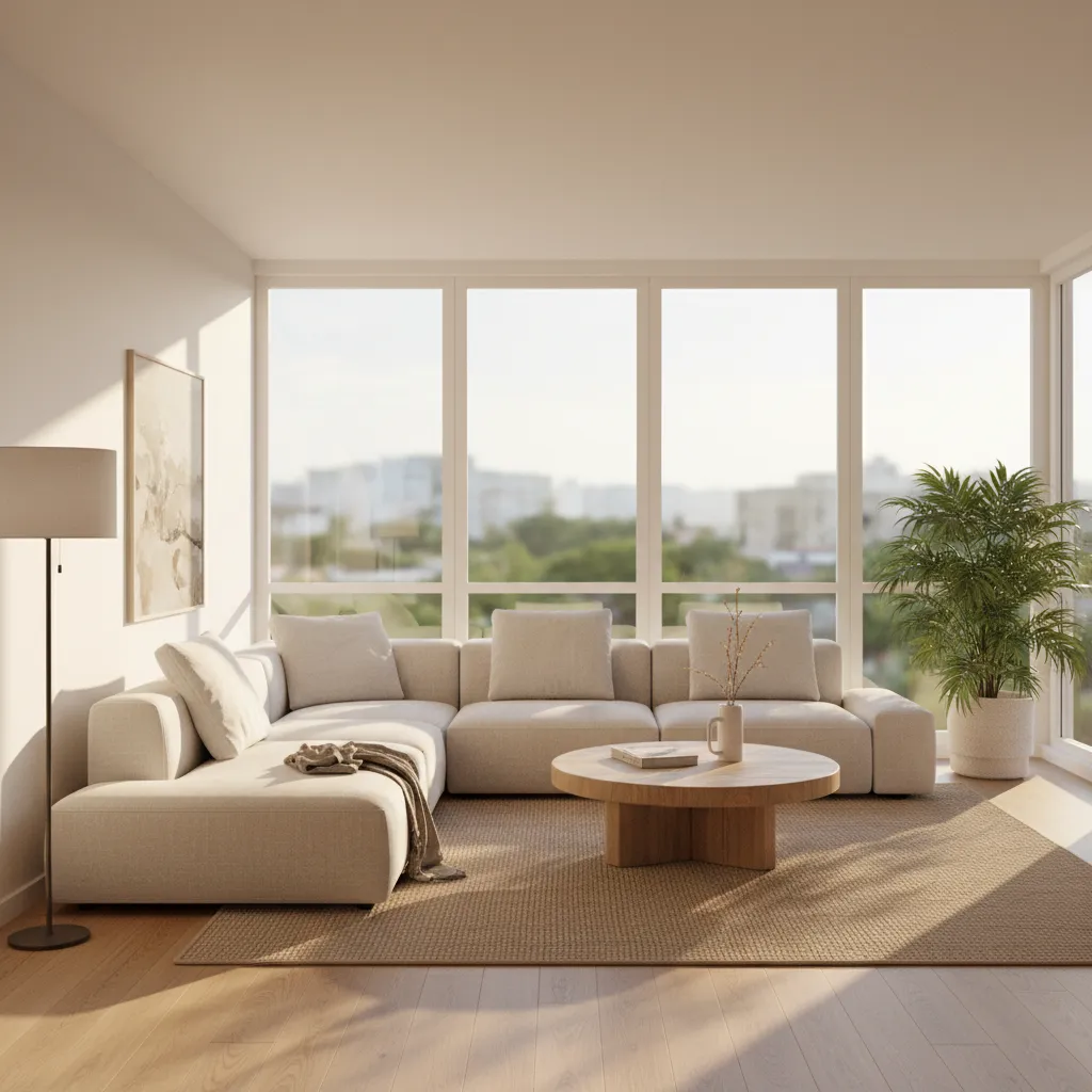 living room interior showing morning sunlight hitting an east facing wall