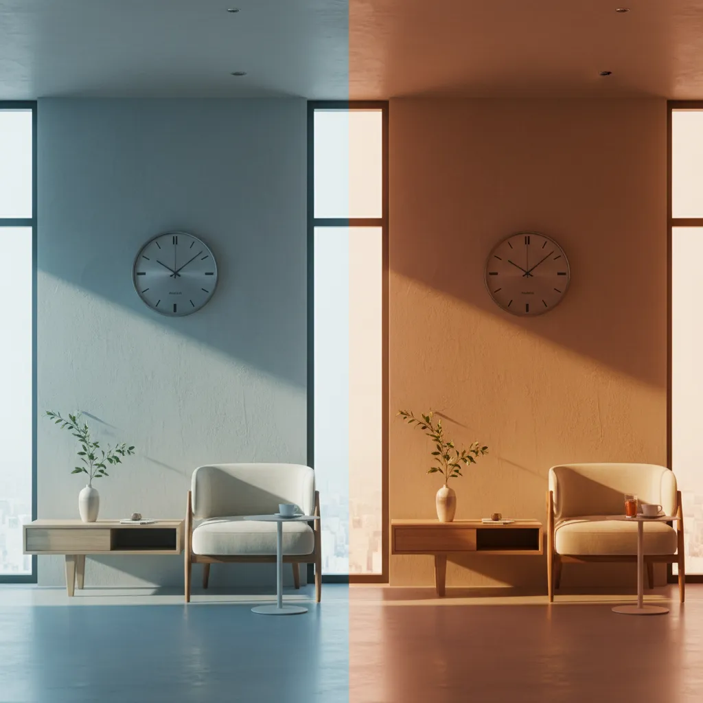 Interior comparison showing east morning light and west afternoon light on wall clock