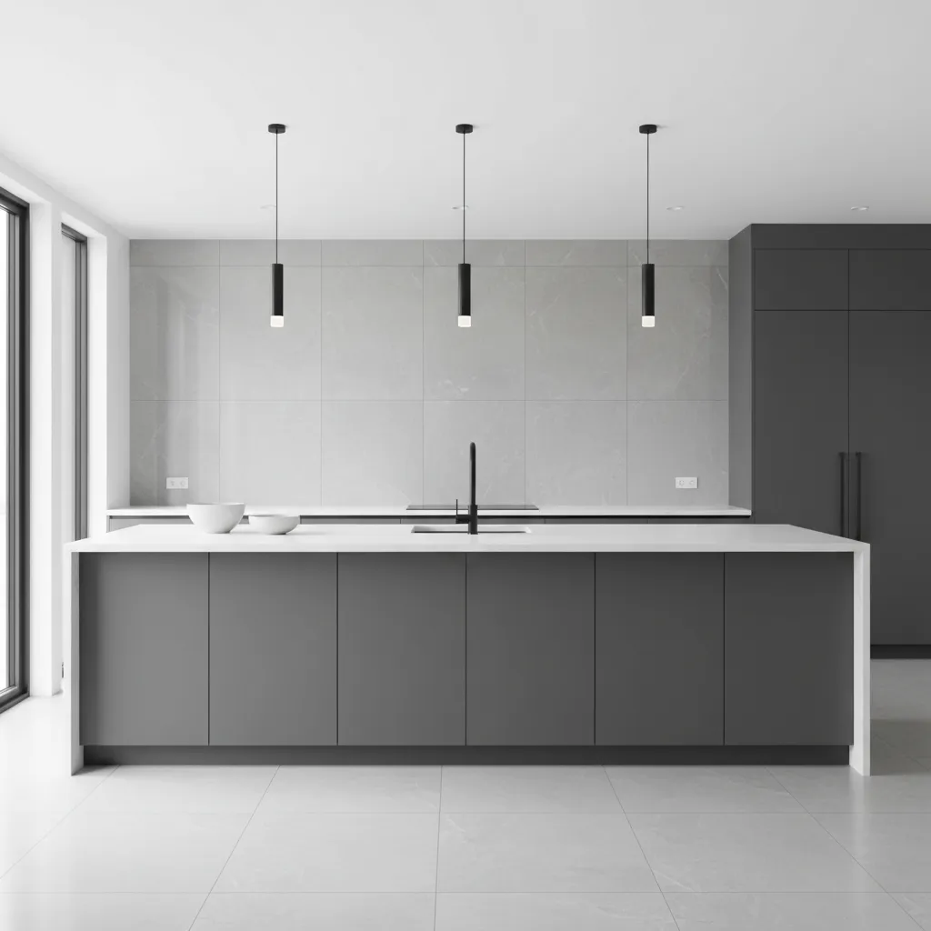 Modern minimalist kitchen featuring grey island with white countertop and three black hanging ceiling lights