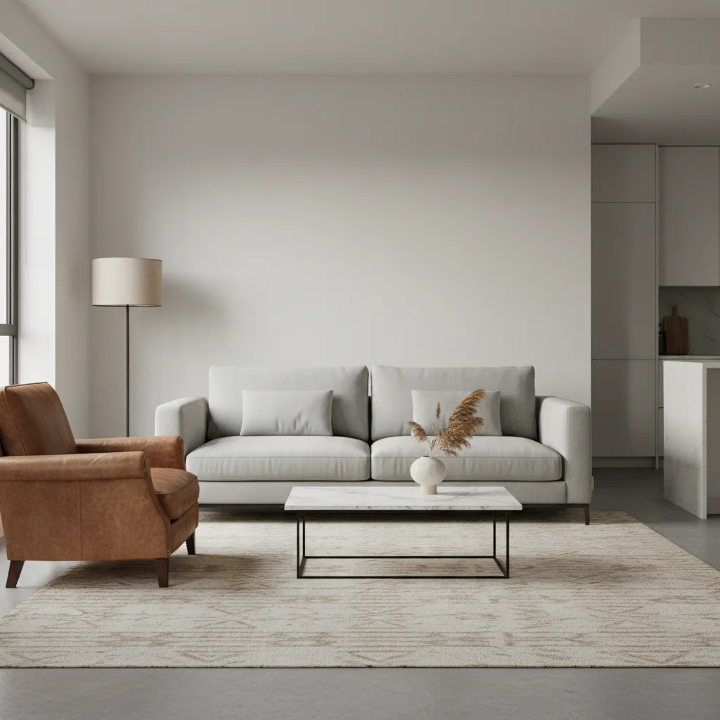 Combinación de sofá moderno con sillón vintage en decoración ecléctica