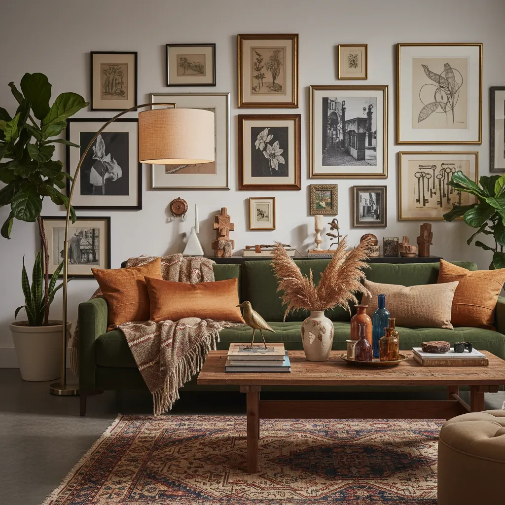 Detalles decorativos en interior ecléctico con arte y texturas