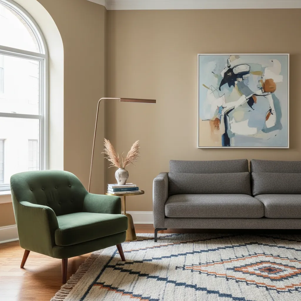 Interior que mezcla muebles clásicos con iluminación moderna