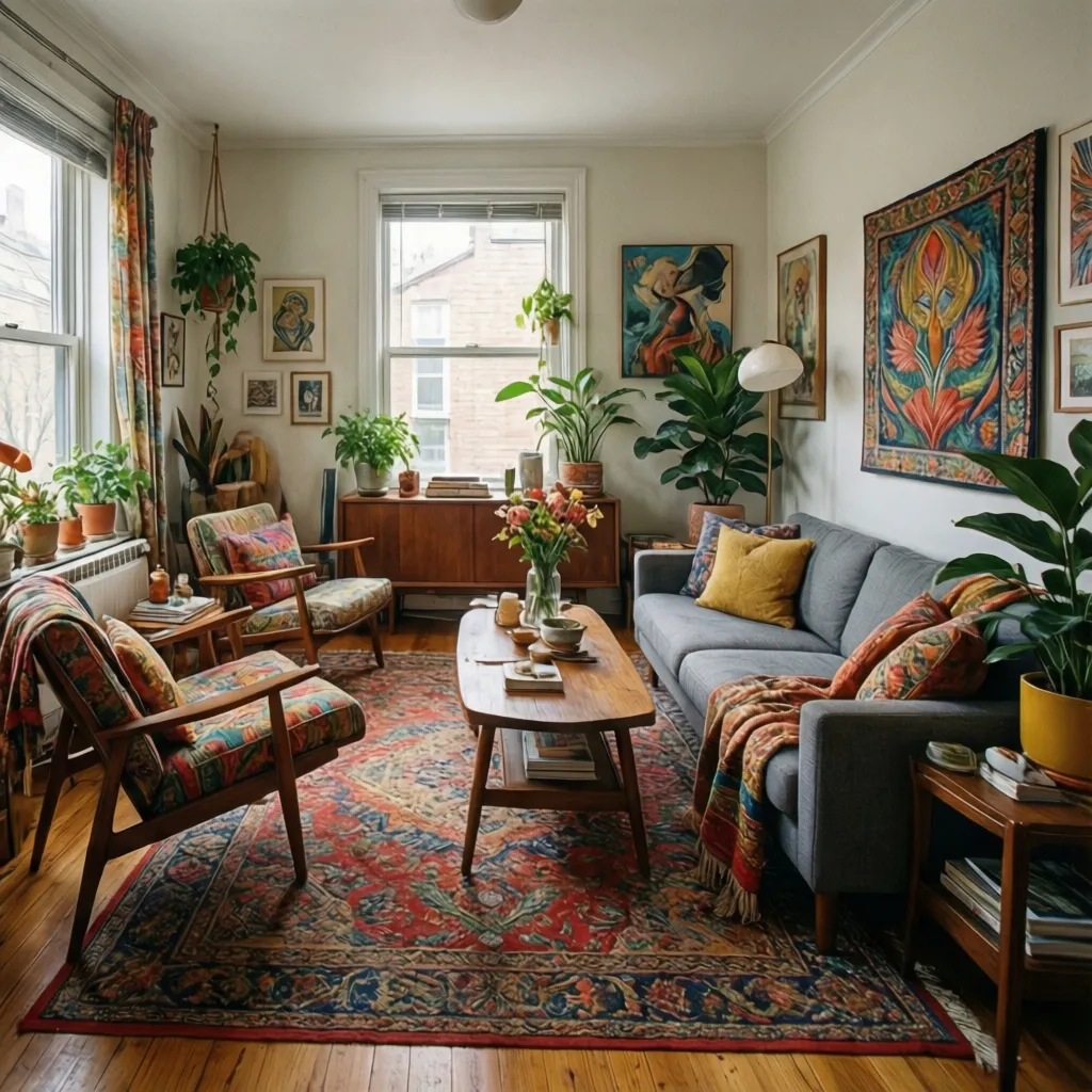 Sala de estar con mezcla de muebles modernos y vintage en estilo ecléctico