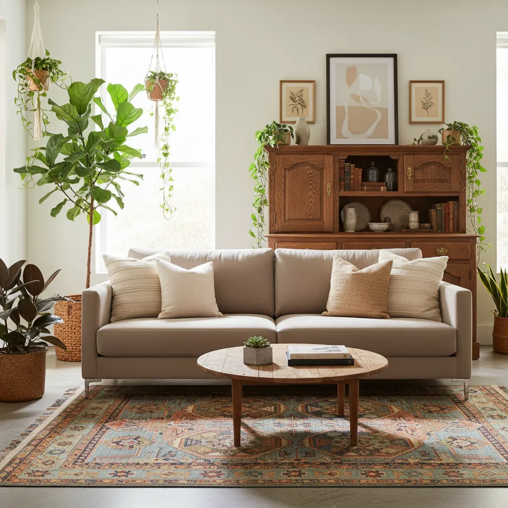 Sala de estar con mezcla de muebles modernos y vintage