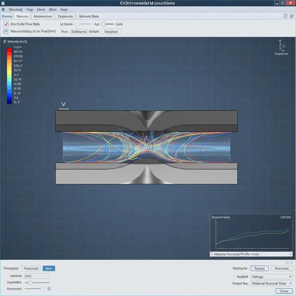 Multiphysics simulation showing electrolyte flow and electric field in ECM process