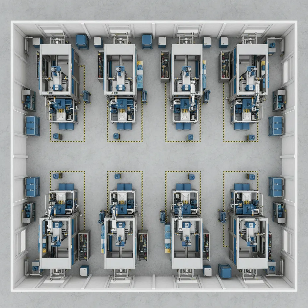 3D layout planning diagram for ECM machine tool components and maintenance space