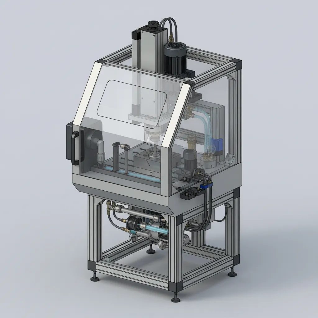 3D ECM machine tool model showing electrode and electrolyte system