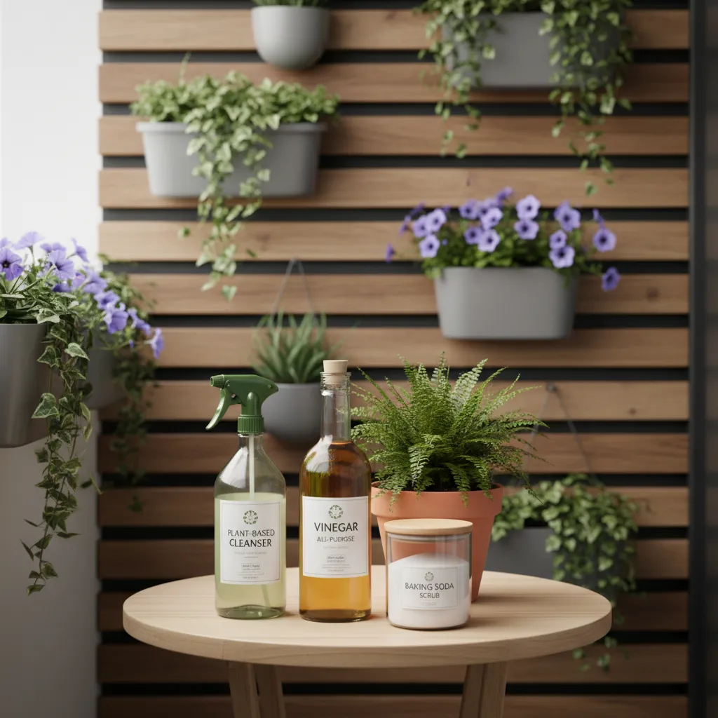 Eco friendly balcony cleaning products including vinegar baking soda and plant based cleaner