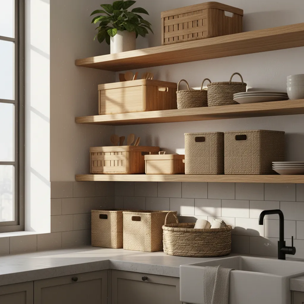 eco friendly bamboo and woven natural fiber kitchen storage baskets on wooden shelves