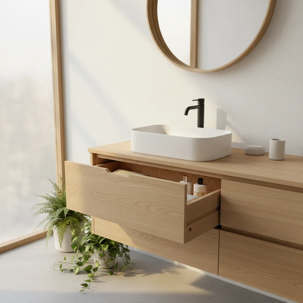 Eco friendly cork drawer liner inside a modern wooden bathroom drawer