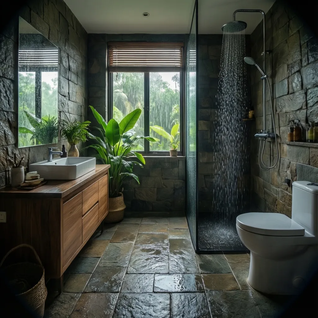 Eco friendly bathroom design with natural textures in Kerala home