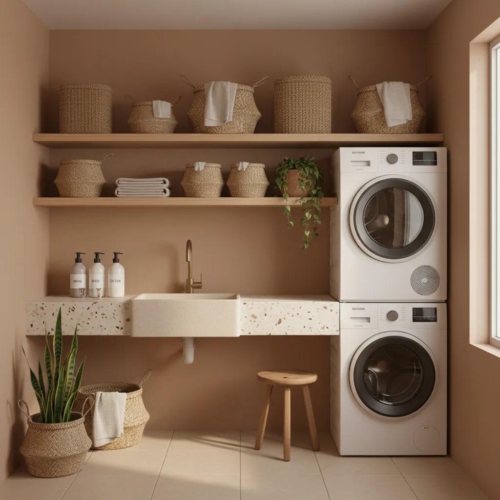 Eco friendly laundry room with clay colored walls and wood shelves